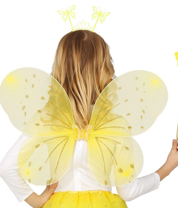 Sarı Kelebek Erkek-kız Seti – 50 Cm Kelebek Kanadı, Taç Ve Asa