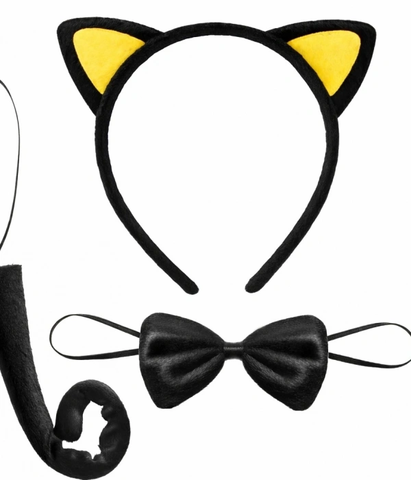 Sarı Kulaklı Kedi Kostüm Seti – Taç Papyon Kuyruk 3 Parça