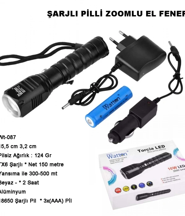 Şarjlı Pilli Zoomlu El Feneri  Wt-087