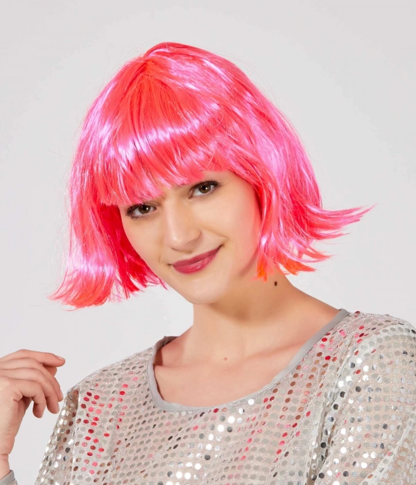 Şeker Pembe Renk Parti Peruğu Küt Saç