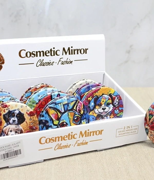 Sevimli Köpek Tasarımıyla Taş İşlemeli İnce El Aynası Yuvarlak Alk4577