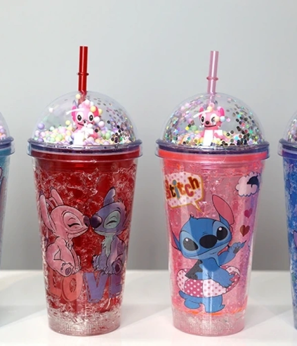 Sevimli Stitch Işıklı Pipetli Pullu Suluk & Bardak 400 Ml Alk3146