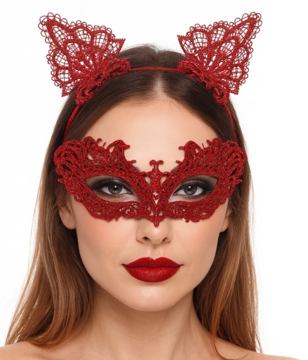 Şık Kırmızı Dantel Maske Ve Taç Seti 5 No – Maskeli Balo  Özel Etkinlikler