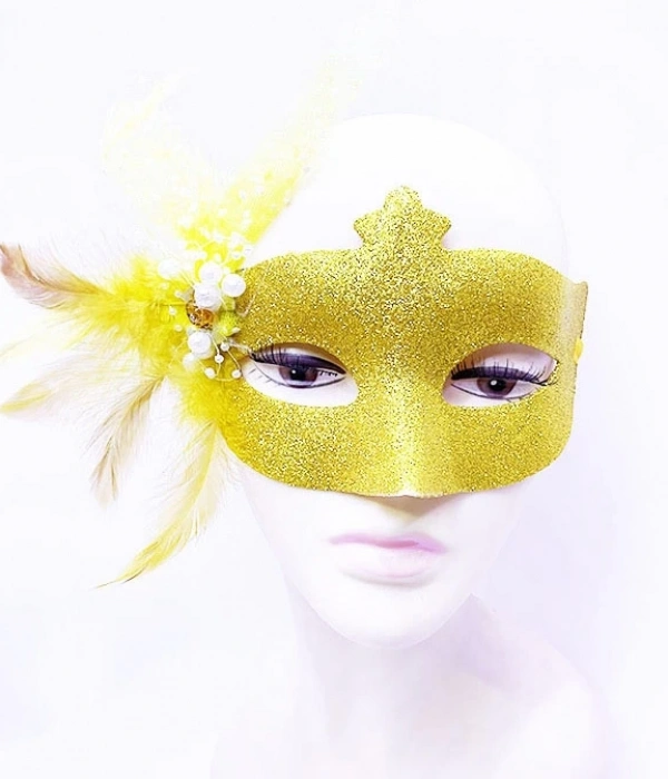 Sim İşlemeli İnci Boncuk Detaylı Tüylü Balo Maskesi Altın Renk 13x18 Cm