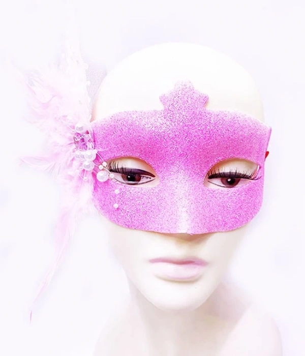 Sim İşlemeli İnci Boncuk Detaylı Tüylü Balo Maskesi Pembe Renk 13x18 Cm