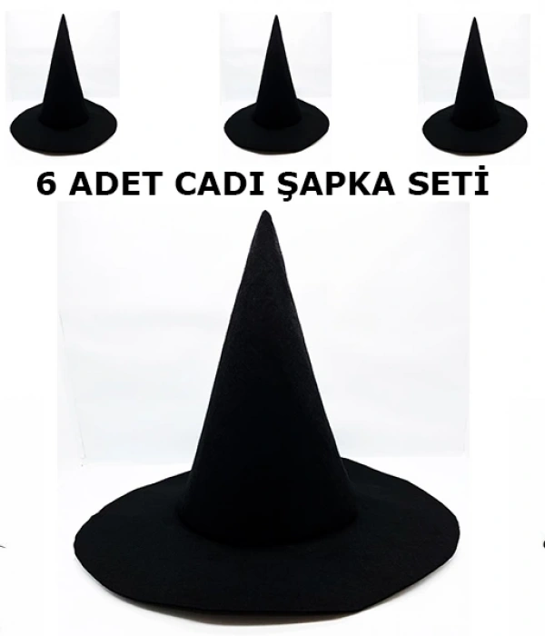 Siyah Cadı Şapkası Keçe Yetişkin Boy 6 Adet