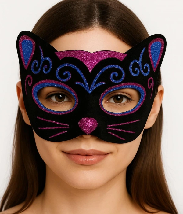 Siyah Kadife Kaplama Üzeri Pembe Mavi Sim İşlemeli Kedi Maskesi 20x13 Cm