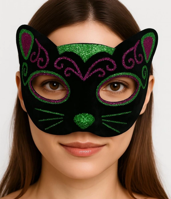 Siyah Kadife Kaplama Üzeri Pembe Yeşil Sim İşlemeli Kedi Maskesi 20x13 Cm