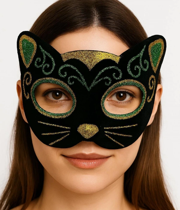 Siyah Kadife Kaplama Üzeri Sarı Yeşil Sim İşlemeli Kedi Maskesi 20x13 Cm
