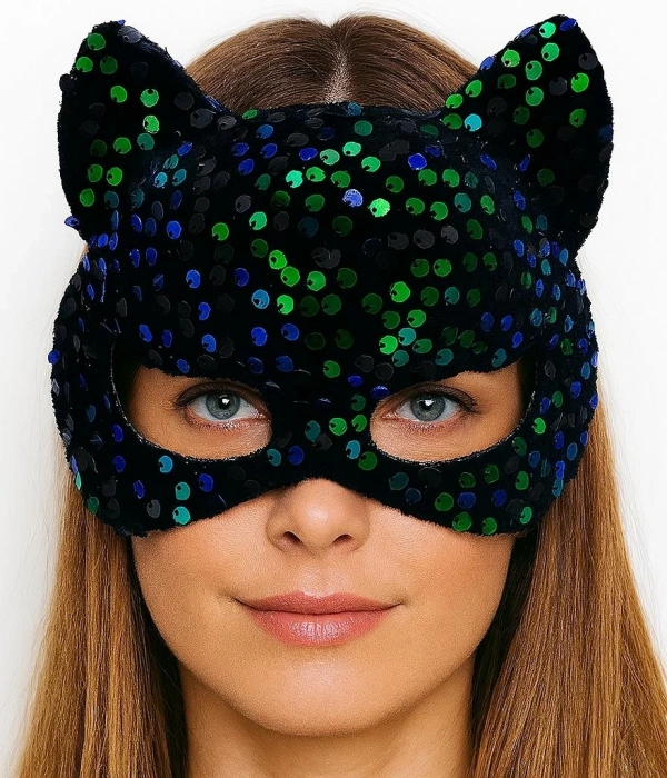 Siyah Kadife Kumaş Üzerine Mavi Yeşil Payetli Pullu Parti Maskesi 16x14 Cm