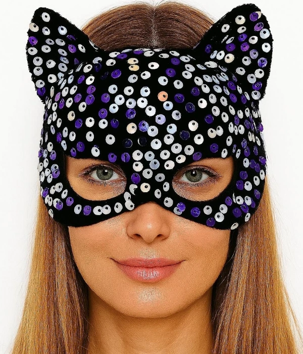 Siyah Kadife Kumaş Üzerine Mor Beyaz Payetli Pullu Parti Maskesi 16x14 Cm