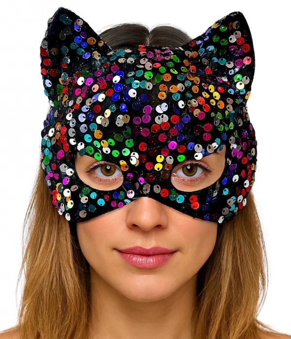 Siyah Kadife Kumaş Üzerine Rengarenk Payetli Pullu Parti Maskesi 16x14 Cm