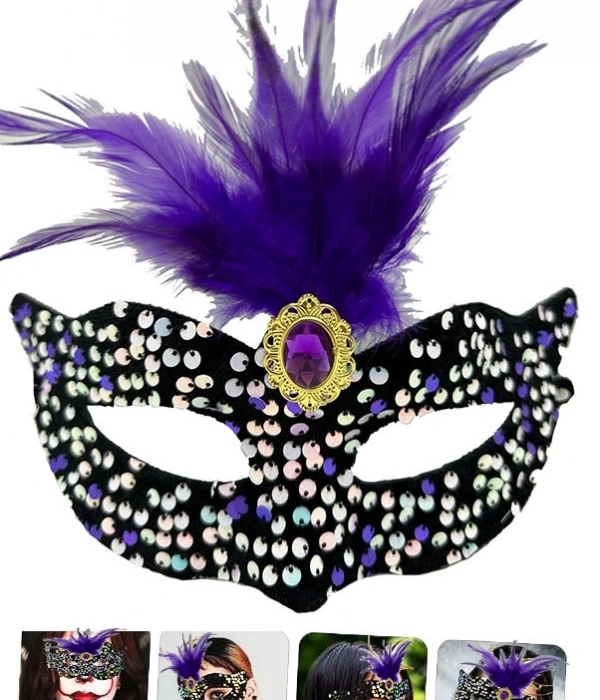 Siyah Kadife Üzeri Rengarenk Payetli Pullu Mor Tüylü Mor Taşlı Parti Maskesi 19x21 Cm