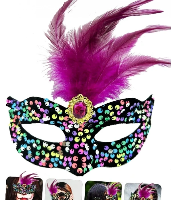 Siyah Kadife Üzeri Rengarenk Payetli Pullu Pembe Tüylü Pembe Taşlı Parti Maskesi 19x21 Cm