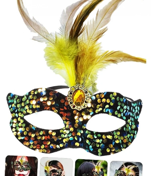 Siyah Kadife Üzeri Rengarenk Payetli Pullu Sarı Tüylü Sarı Taşlı Parti Maskesi 19x21 Cm
