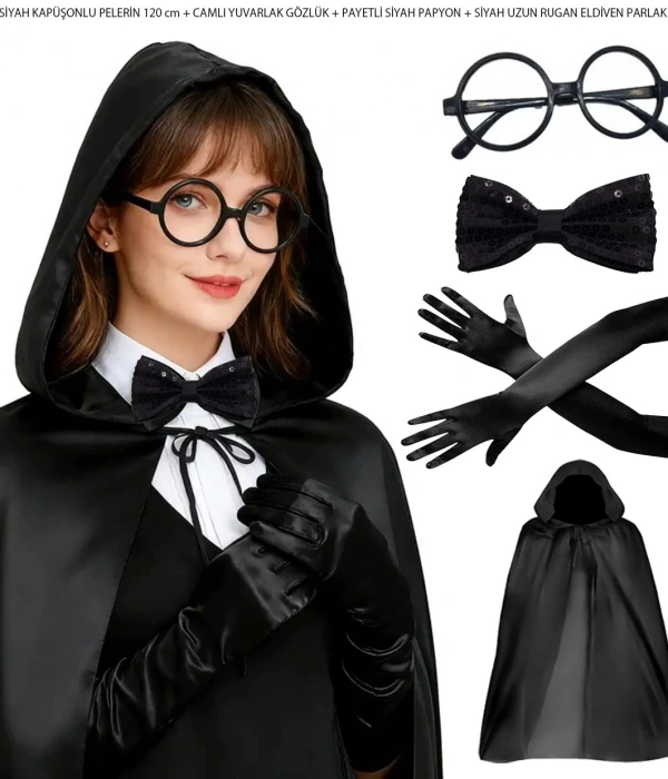 Siyah Kapüşonlu Büyücü Ve Cadı Pelerin Kostüm Seti (4 Parça)
