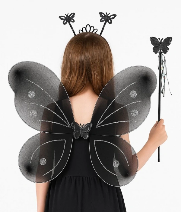 Siyah Kelebek Kız Seti – 50 Cm Kelebek Kanadı, Taç Ve Asa