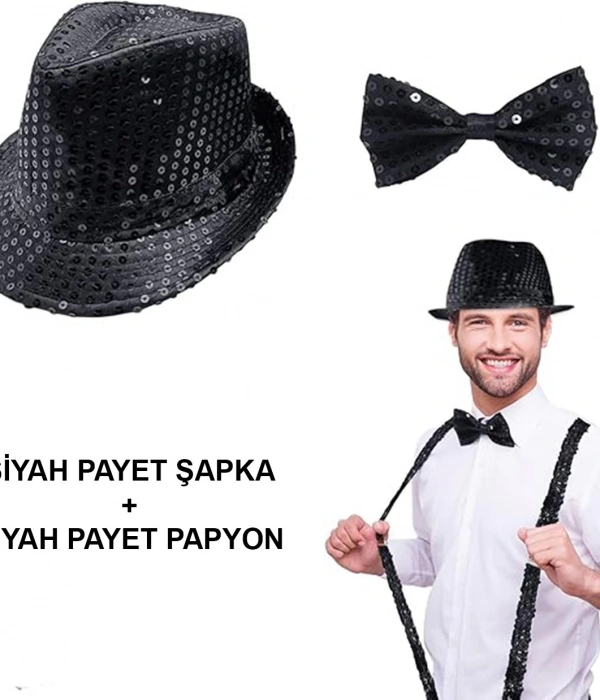 Siyah Payetli Şapka Ve Papyon Seti – Parıltılı Yetişkin Kostüm Seti