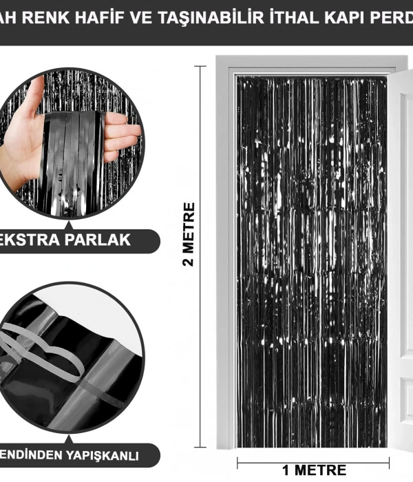 Siyah Renk Ekstra Metalize Parlak Saçaklı Arka Fon Perde İthal A Kalite 1x2 Metre
