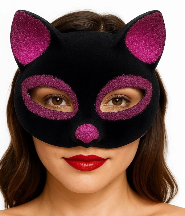Siyah Renk Fuşya Simli Süet Kaplama Kedi Maskesi 18x14 Cm