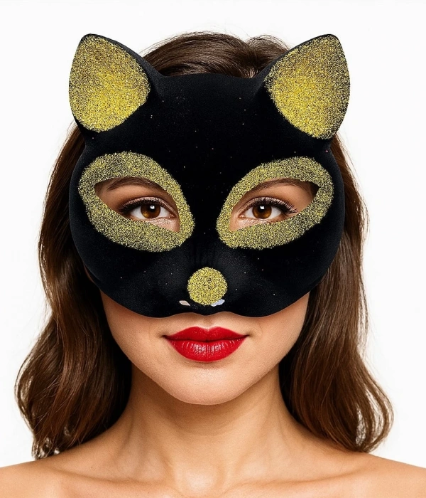 Siyah Renk Gold Simli Süet Kaplama Kedi Maskesi 18x14 Cm