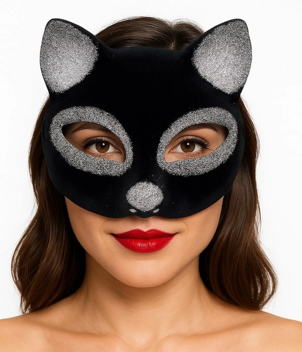 Siyah Renk Gümüş Simli Süet Kaplama Kedi Maskesi 18x14 Cm