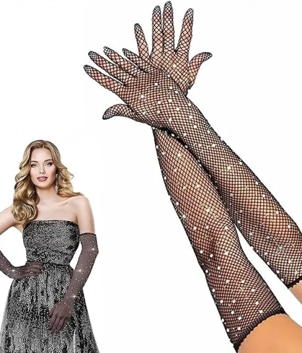 Siyah Renk İncili Elmas İşlemeli File Örgü Uzun Eldiven 45 Cm