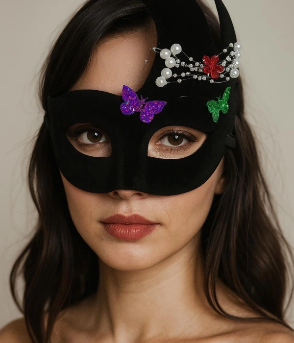 Siyah Renk İncili Taşlı Süet Kaplama Venedik Parti Maskesi 20x22 Cm