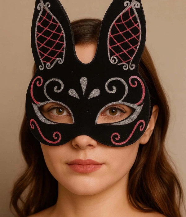 Siyah Renk Kırmızı Beyaz Simli Siyah Süet Kaplama Tavşan Maskesi 18x16 Cm