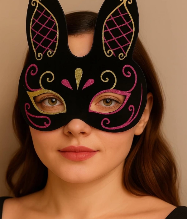 Siyah Renk Kırmızı Gold Simli Siyah Süet Kaplama Tavşan Maskesi 18x16 Cm