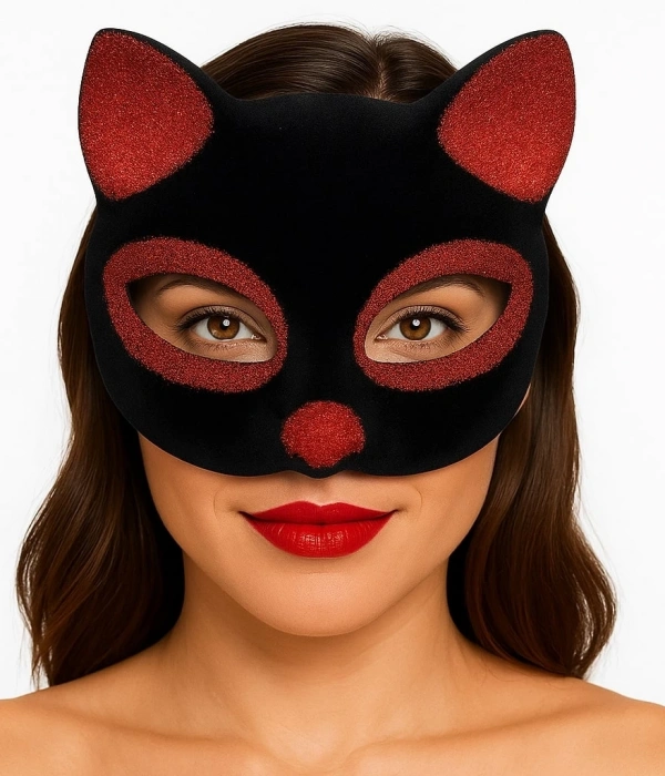 Siyah Renk Kırmızı Simli Süet Kaplama Kedi Maskesi 18x14 Cm