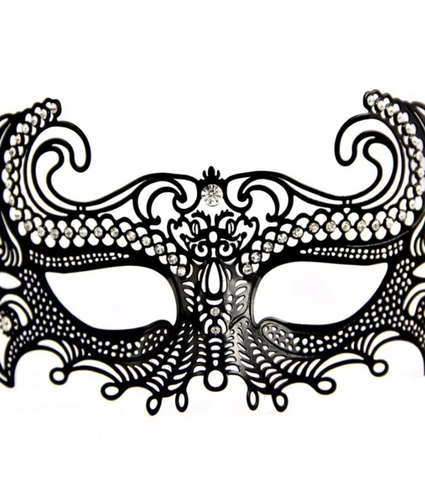 Siyah Renk Lazer Kesim Üzeri Kristal Taşlı Metal Balo Parti Venedik Maskesi