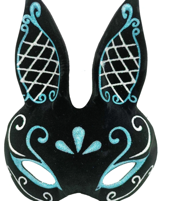 Siyah Renk Mavi Beyaz Simli Siyah Süet Kaplama Tavşan Maskesi 18x16 Cm