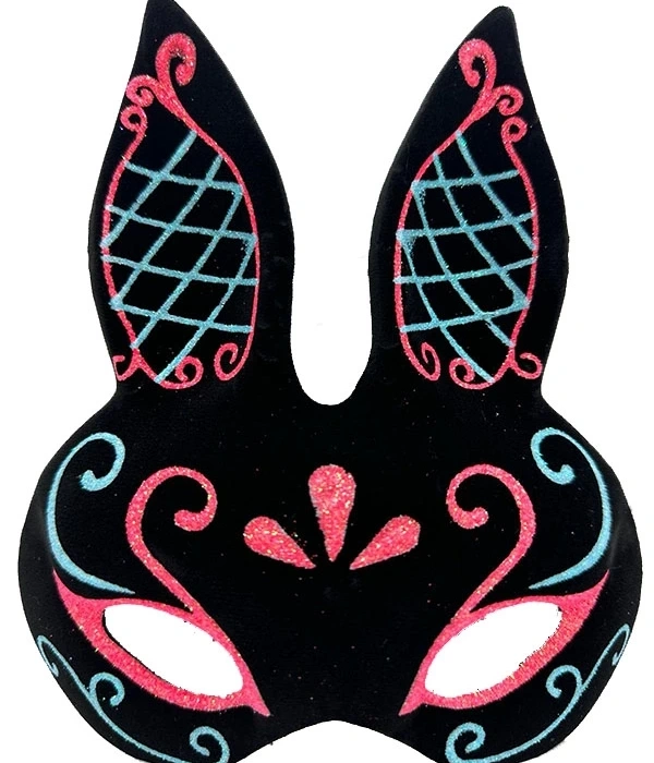 Siyah Renk Mavi Kırmızı Simli Siyah Süet Kaplama Tavşan Maskesi 18x16 Cm