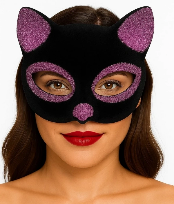 Siyah Renk Pembe Simli Süet Kaplama Kedi Maskesi 18x14 Cm