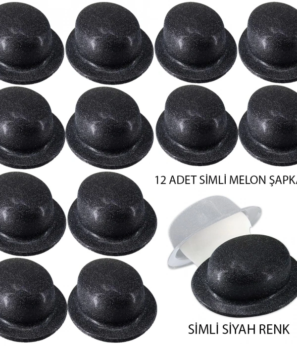 Siyah Renk Simli Melon Yuvarlak Parti Şapkası 12 Adet