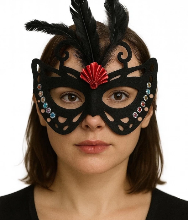 Siyah Renk Siyah Süet Kaplama Tüylü Kelebek Figür Parti Maskesi 24x18 Cm