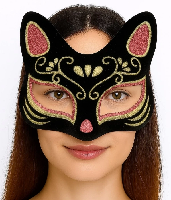 Siyah Renk Süet Kaplama Üzeri Kırmızı Sarı Simli Kedi Maskesi 17x14 Cm