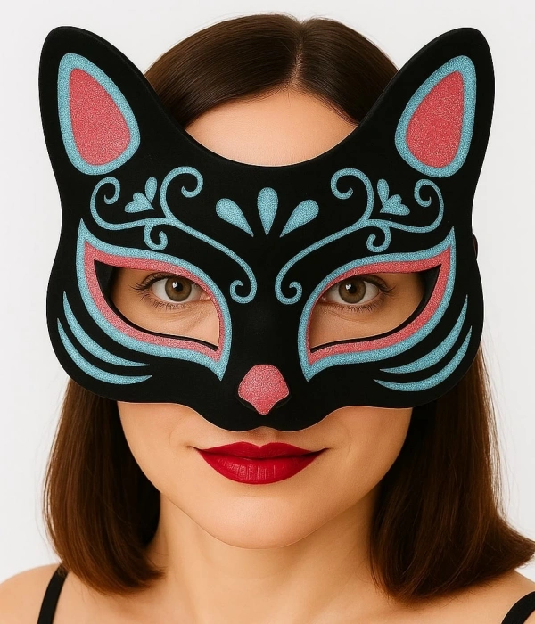 Siyah Renk Süet Kaplama Üzeri Mavi Kırmızı Simli Kedi Maskesi 17x14 Cm