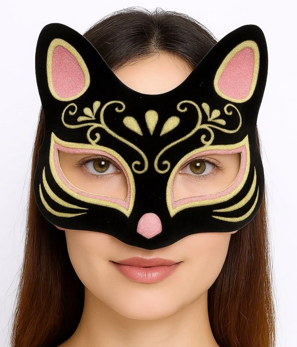 Siyah Renk Süet Kaplama Üzeri Pembe Sarı Simli Kedi Maskesi 17x14 Cm