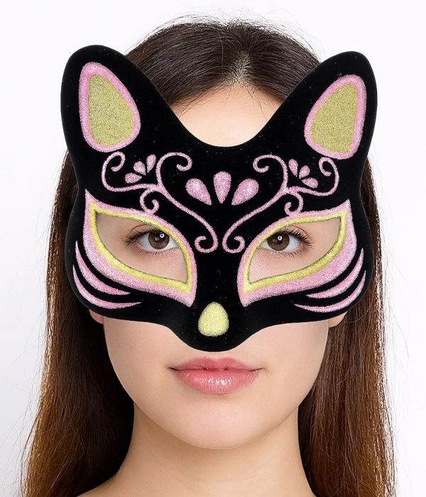 Siyah Renk Süet Kaplama Üzeri Sarı Pembe Simli Kedi Maskesi 17x14 Cm