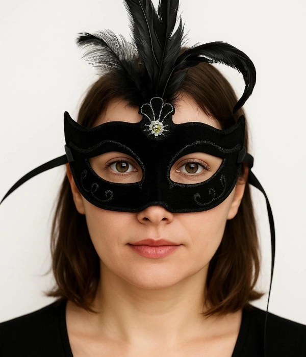 Siyah Renk Tüylü Siyah Süet Kaplama Parti Balo Maskesi 20x16 Cm