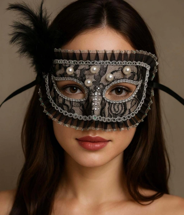 Siyah Renk Yandan Tüylü İnci İşlemeli Taşlı Dantelli Parti Maskesi 17x12 Cm