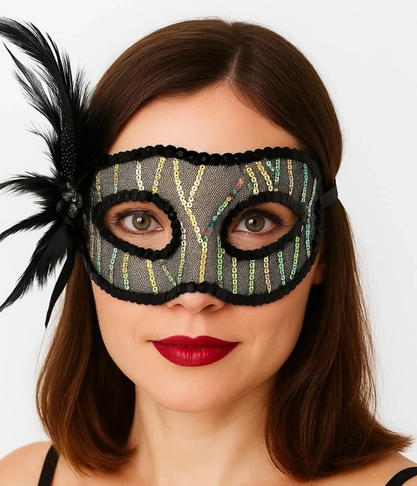 Siyah Renk Yandan Tüylü Pul Payet İşlemeli Parti Maskesi 23x12 Cm