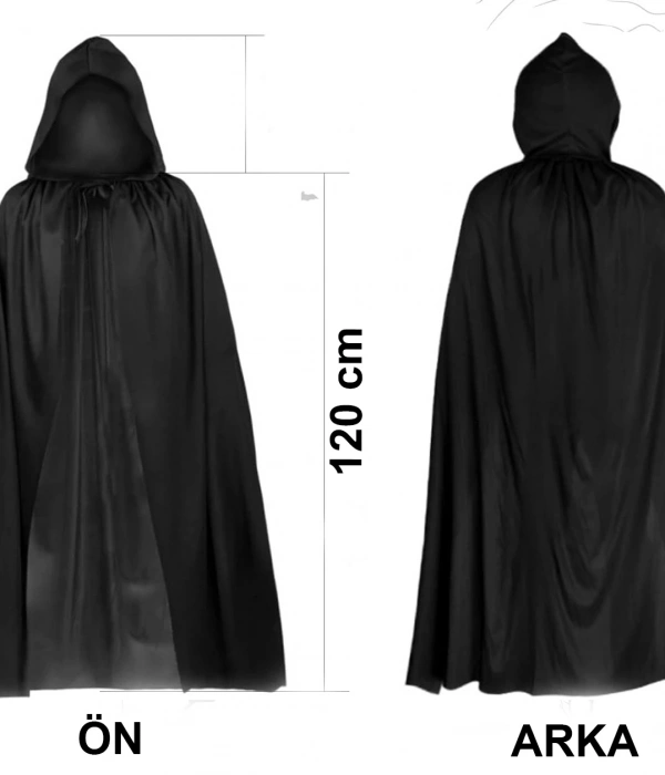 Siyah Uzun Pelerin 120 Cm Kapüşonlu – Cosplay Ve Parti Kostümü