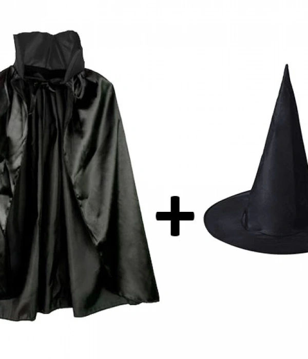 Siyah Yakalı Pelerin Ve Siyah Cadı Şapkası Seti Çocuk Boy