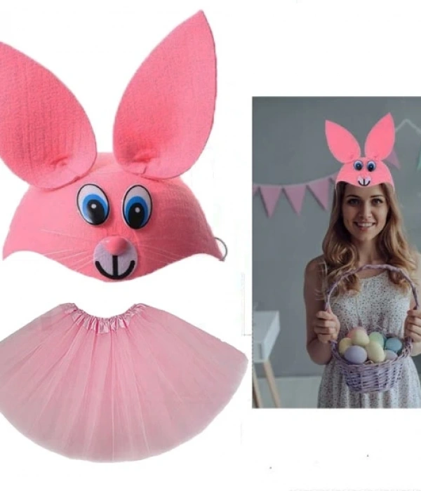 Tavşan Kostümü Pembe - 23 Nisan Tavşan Şapka Ve Tütü Etek Seti 2 Parça