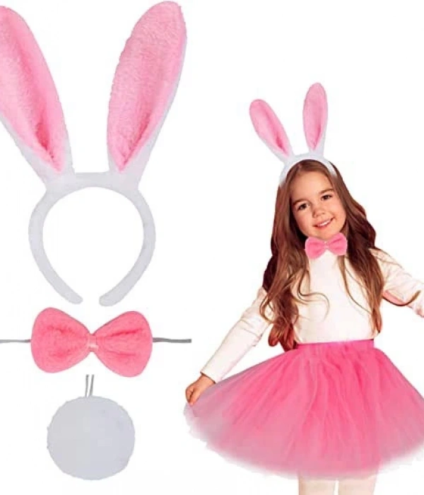 Tavşan Tacı Eteği Papyonu Ve Kuyruk Kostüm  Seti Pembe Renk Çocuk Boy