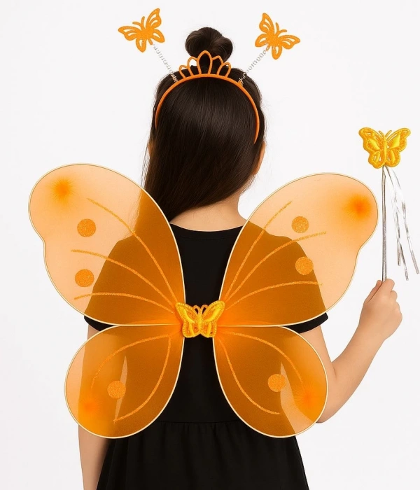 Turuncu Kelebek Kız Seti – 50 Cm Kelebek Kanadı, Taç Ve Asa