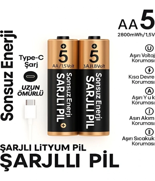 Type-c Şarjlı 2800mwh 1.5v Şarj Edilebilir 2’li Aa5 Kalın Pil - Lityum Iyon Batarya